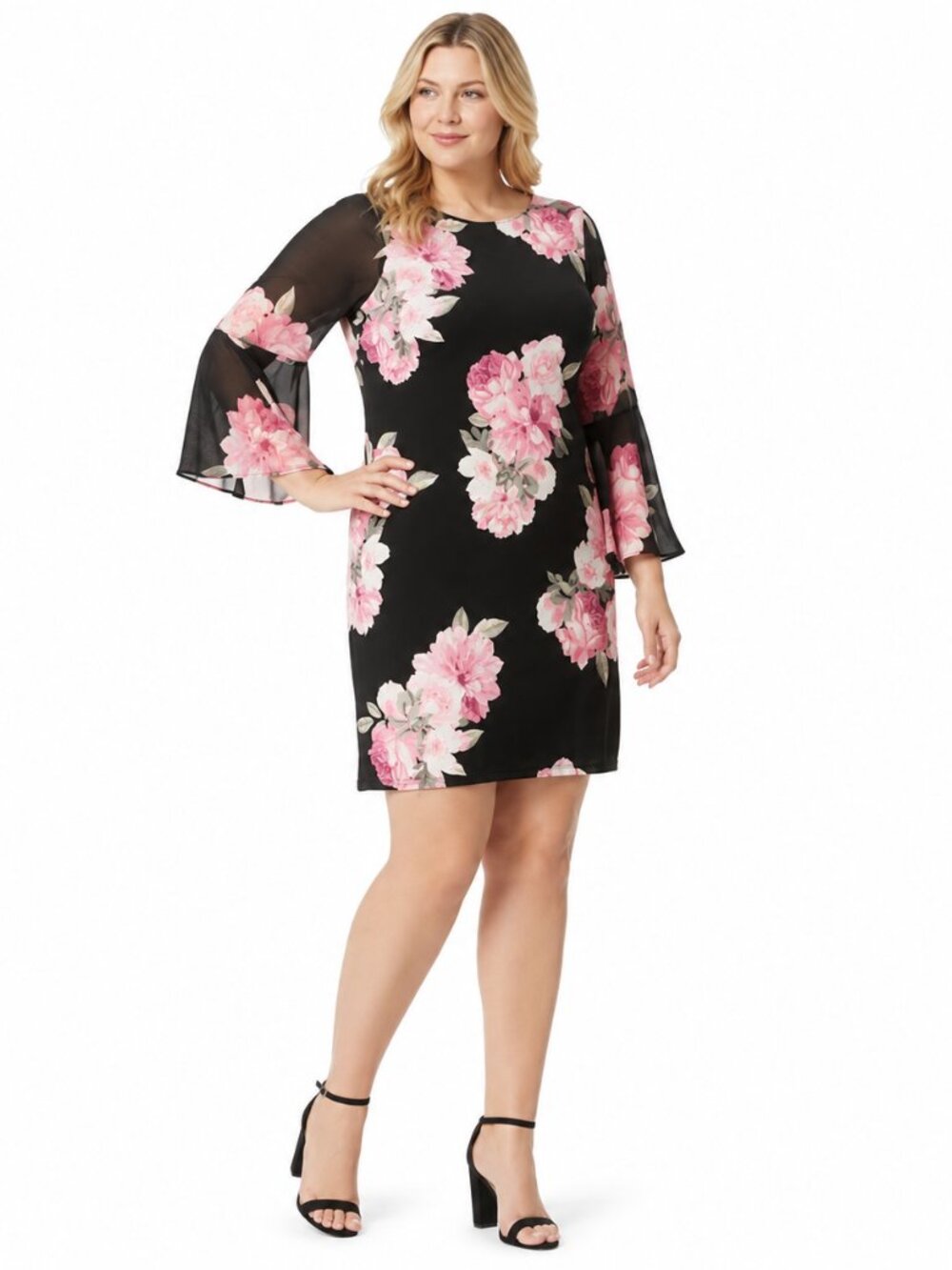 Jessica Howard Black Pink Floral Bell Sleeve Shift Dress Petite 14P Wedding Gues